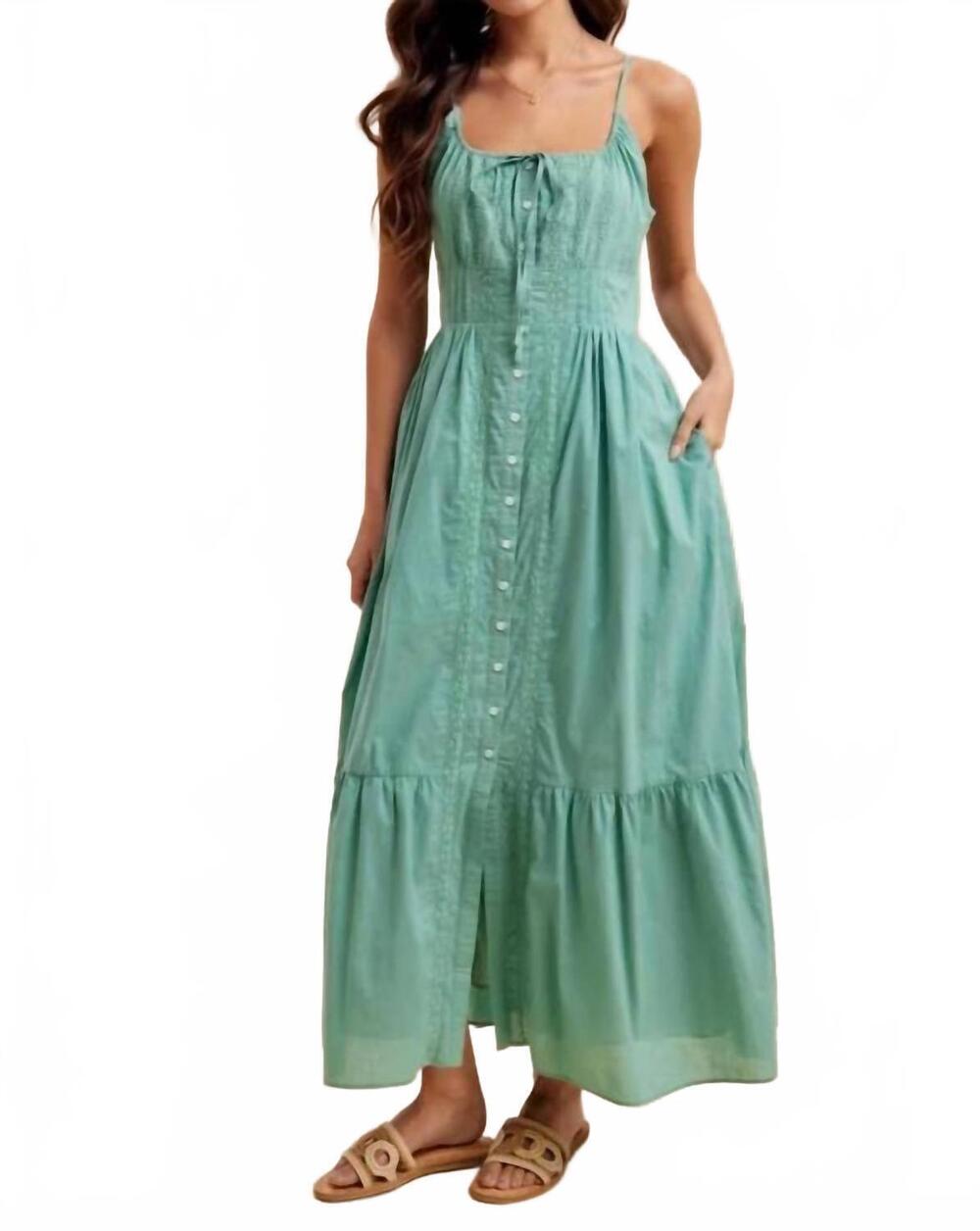 NEW IN-LOOM gathered cotton button down maxi dress in green